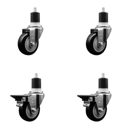 Service Caster 3.5'' Black Poly Wheel Swivel 1-7/8'' Expanding Stem Caster Set 2 Brakes, 4PK SCC-EX20S3514-PPUB-BLK-2-PLB-2-178